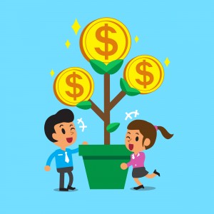 Cartoon business team with money tree